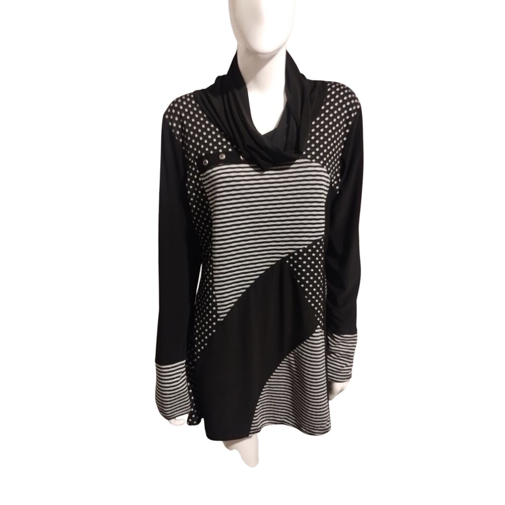 Michael Tyler Women's size Medium Patchwork Cowl Neck Abstract Artsy Mini Dress‎